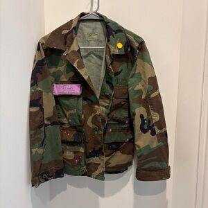 Women’s Splattered Camouflage Jacket with Pin & Upcycled Patch Sz XXS Short